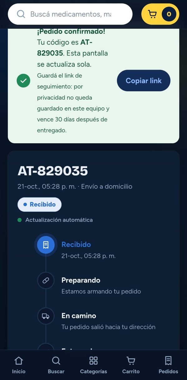 Pedido confirmado y seguimiento en vivo en Farmacias Atenea