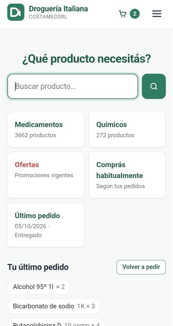 Portal de Droguería Italiana: búsqueda, categorías y último pedido de la farmacia